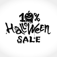 Hand drawn vector banner Halloween Sale. 10 percent discount on purchases. Modern brush calligraphy with spider web. Letters of molten wax. Template as scary banner, design, print, typography poster.