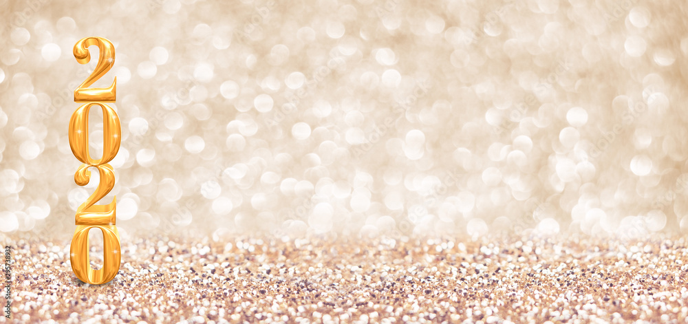 Aufkleber happy new year 2020 year gold number ( 3d rendering ) at sparkling golden glitter studio background 