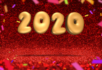 happy new year 2020 (3d rendering) at perspective red sparkling glitter with colorful confetti,Holiday greeting card design