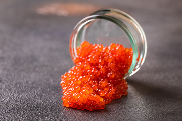 Salmon  Red Caviar in a white plate on a dark background. Healthy Food Concept. Snack.Copy space for Text.Seafood.