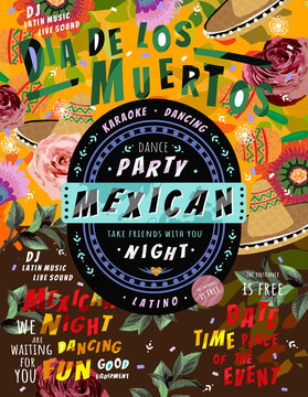 Día de los Muertos, Mexican holiday Day of the Dead and Halloween. Vector illustration of a background for a poster, banner or flyer for a Mexican party or dance music night.