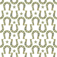 Black and white repeat seamless background pattern of lucky horse and stars for print, wallpaper and textile