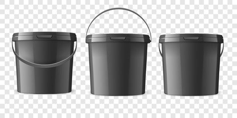 Vector Realistic 3d Black Plastic Bucket for Food Products, Paint, Foodstuff, Adhesives, Sealants, Primers, Putty Set Isolated. Design Template of Packagin for Mockup. Front view