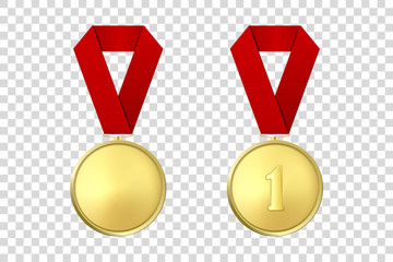 Vector 3d Realistic Gold Award Medal Icon Set with Color Ribbon Closeup Isolated on Transparent Background. Design Template, Mockup. Blank and The First Place, Prize. Sport Tournament, Victory Concept