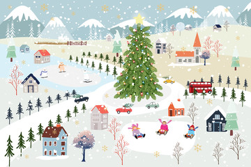 Panoramic of winter landscape,Vector of horizontal banner of winter wonderland in village with snow covering,house,moutain,tree and polar bear and kids playing ice skates,Merry Christmas background