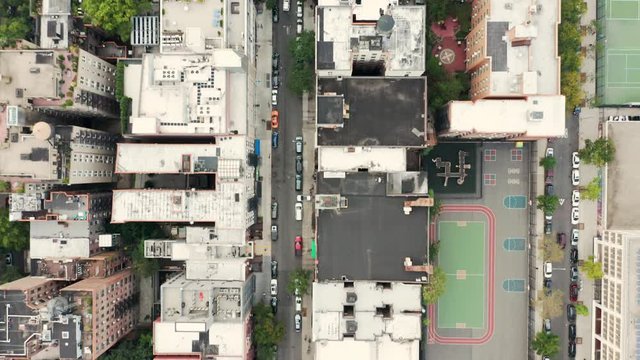 Aerial birds eye view drone footage of the Upper West Side neighborhood in New York City, along 83rd street, from Columbus Ave, passing over Amsterdam Ave, Broadway, West End Ave and Riverside Dr.