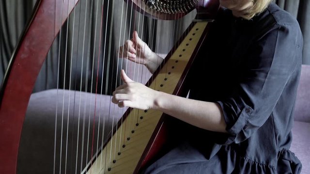 Girl playing the harp. Stringed musical instrument and young women touching strings. Traditional musical instrument. Close up of fingers on strings, harpist playing classical melody