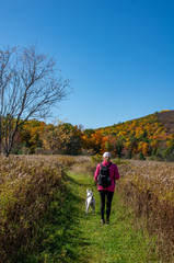 woman with dog enjoying the fall colors in the North country NY