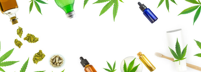 Assorted CBD THC Cannabis products banner isolated on white