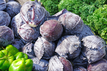 Fototapeta na wymiar Green and purple cabbages at a farmers market in winter