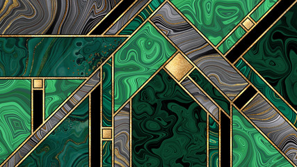 abstract art deco background, modern mosaic inlay creative texture, malachite marble granite agate gold, artistic painted marbling, artificial stone, marbled tile, fashion marbling illustration - obrazy, fototapety, plakaty