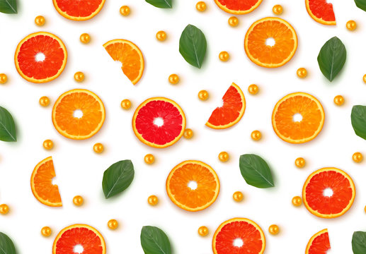 Pattern half cut with orange fruits and grapefruit with leaf petals on white background