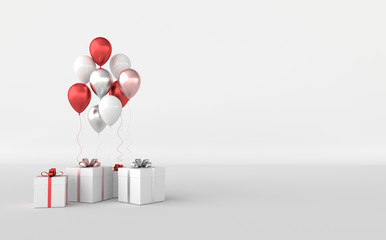 3d render illustration of realistic glossy colorful balloons and gift box with ribbon bow on white background. Empty space for birthday, party, promotion social media banners, posters. © Meranna