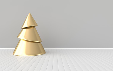 New year celebration background. Golden xmas tree in minimal design. Realistic illustration for New Year's and Christmas banners. 3d render