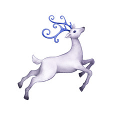 White northern deer jumping. Clip art isolated on white background. Animal with blue antlers. Christmas reindeer watercolor illustration.