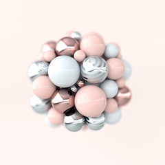 Colorful balls 3d rendering. Chaotic spheres geometric abstract background, primitive shapes, minimalistic design, pink and rose gold colors