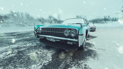 Classic blue cars and snowy seasons. 3d render and illustration.