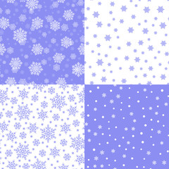 Vintage snowflakes seamless patterns set in white and purple colours. Cute snowflakes on light background. Template for christmas gifts wrapping paper. Winter season wallpaper vector illustration.