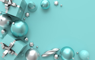 Merry Christmas and Happy New Year 3d render illustration card with red and golden xmas balls, stars, christmas tree, gift box. Winter decoration, xmas minimal design. Flat lay, top view