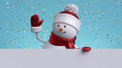 Christmas greeting card mockup. 3d snowman waving hand, holding blank banner. Winter holiday background with gold confetti. Happy New Year. Funny festive character.