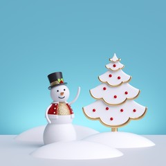 3d render. Christmas greeting card template with snowman and christmas fir tree, isolated on blue background. Winter holiday illustration.