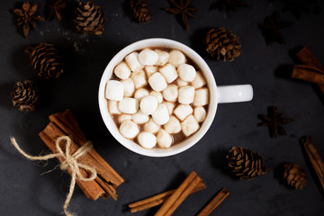 Obraz na płótnie Canvas White ceramic cups of hot cocoa with marshmallows on top of rustic black background