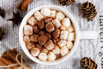 White ceramic cups of hot cocoa with marshmallows on top of rustic paper background