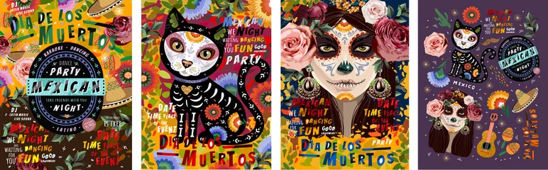 Poster Día de los Muertos, mexikanischer Feiertag Tag der Toten und Halloween. Vektorgrafik einer Frau mit Zuckerschädel-Make-up - Calavera Catrina, Katze, Blumen und mexikanische Objekte für Poster oder Hintergrund © Ardea-studio