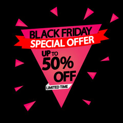 Black Friday Sale up to 50% off, banner design template, special offer, red ribbon, vector illustration