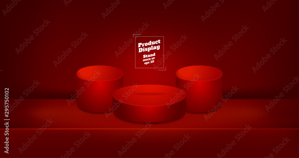 Aufkleber Vector,Empty vivid red studio round kiosk stand background ,product display with copy space for display of content design.Banner for advertise product on online media