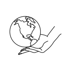 Hand holds globe or planet earth. Outline thin line illustration. Isolated on white background. 