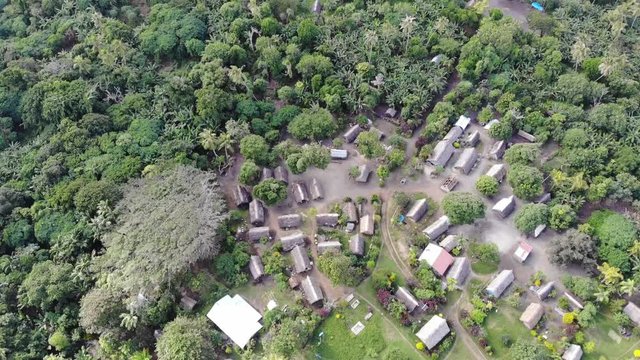 aerial view of a remote village on a tropical island in the south pacific