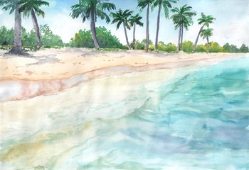 Fidżi, palmy na plaży, akwarela, obraz tła - 295754552