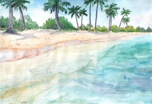 Fiji, palm trees by the beach, watercolor painting, background picture © Юлия Гришина
