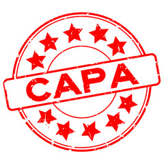 Grunge red CAPA (abbreviation of corrective action and preventive action) word with star icon round rubber seal stamp on white background