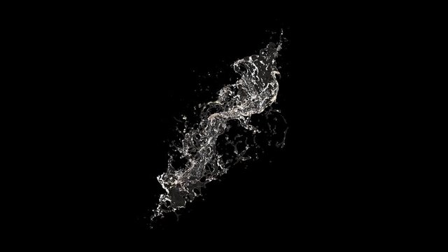 3D animation of a water splash on black background with alpha layer