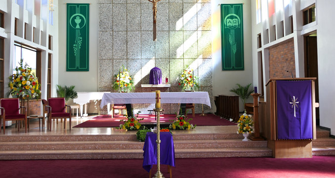 shot of religious christian or catholic chapel and altar for worshippers