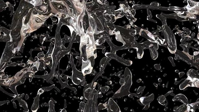 3D animation of a water splash on black background with alpha layer