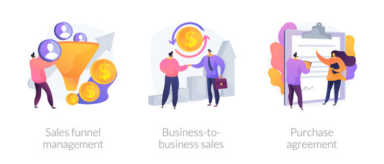 Business partnership cartoon icons set. Lead generation. Sales funnel management, business-to-business sales, purchase agreement metaphors. Vector isolated concept metaphor illustrations