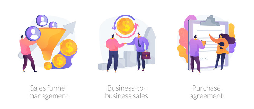 Business partnership cartoon icons set. Lead generation. Sales funnel management, business-to-business sales, purchase agreement metaphors. Vector isolated concept metaphor illustrations