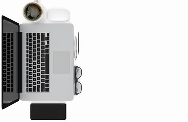 Laptop and smartphone on white table, top view with copy space, 3d rendering