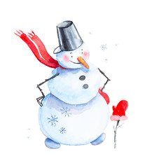 A snowman in a red scarf and a bucket on his head looks at a mitten dressed on a branch. New year, holiday watercolor illustration isolated on white background