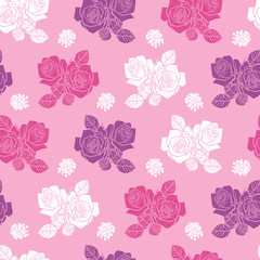 Vector pink roses and berries seamless pattern. Solid filled white, pink and purple repeated elements. Perfect for fabric, scrapbooking and wallpaper projects.