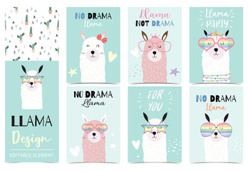 Collection of animal background set with llama,cactus.Editable vector illustration for birthday invitation,postcard and sticker.Wording include llama not drama © piixypeach