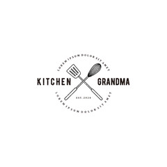 Grandma kitchen logo, with cooking equipment elements, a manual mixer and a spatula, restauarant logo