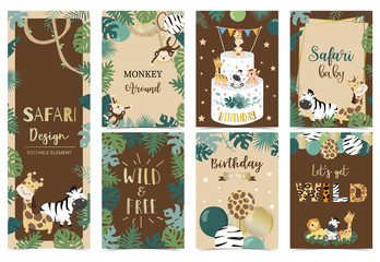 Collection of safari background set with giraffe,balloon,zebra,lion,brown.Editable vector illustration for birthday invitation,postcard and sticker.Wording include wild and free - obrazy, fototapety, plakaty
