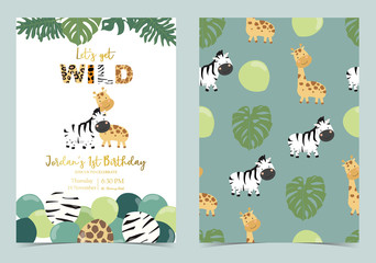 Collection of safari background set with giraffe,balloon,zebra,green.Editable vector illustration for birthday invitation,postcard and sticker.Wording include wild and free