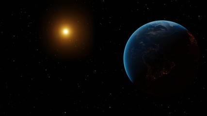 広大な宇宙に浮かぶ太陽と地球の夕暮れ「星あり」