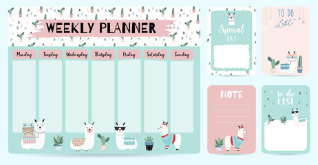 cute weekly planner background with llama,cactus.Vector illustration for kid and baby.Editable element