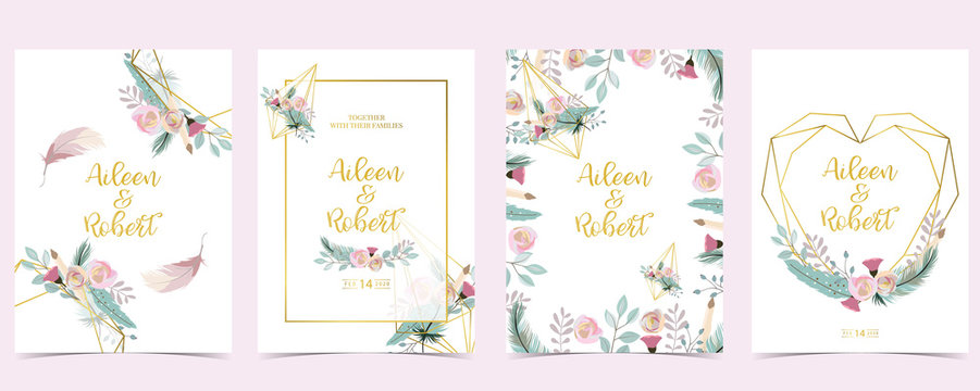 Pink green gold geometry wedding invitation with rose,flower,heart and leaves.Vector birthday invitation for kid and baby.Editable element